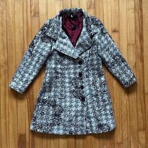 Desigual Checkered Long Trench Coat Size Medium Houndstooth Womens red lining